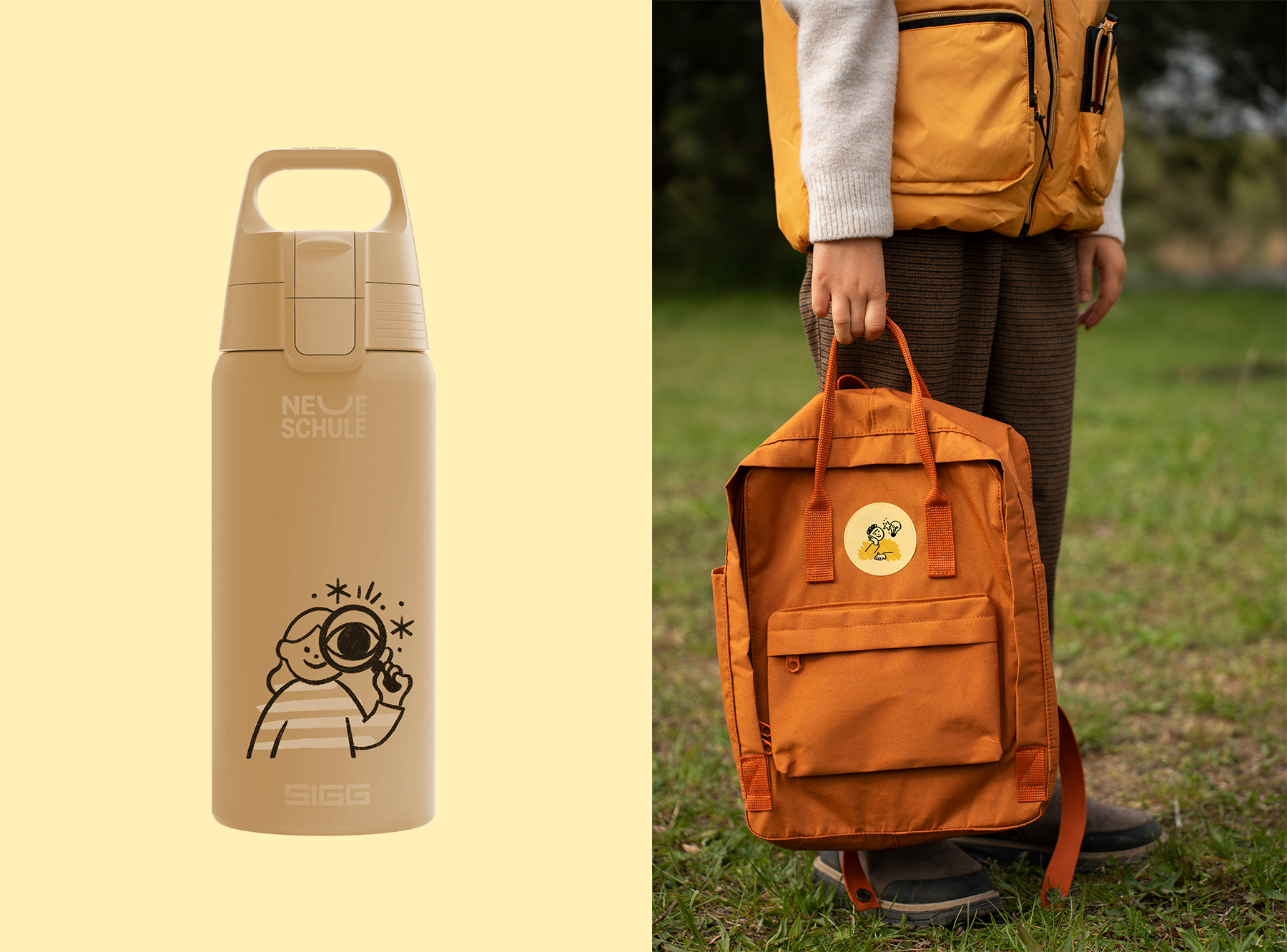Beige Trinkflasche mit Illustration einer fotografierenden Person links; rechts Person mit orangefarbenem Rucksack im Freien.