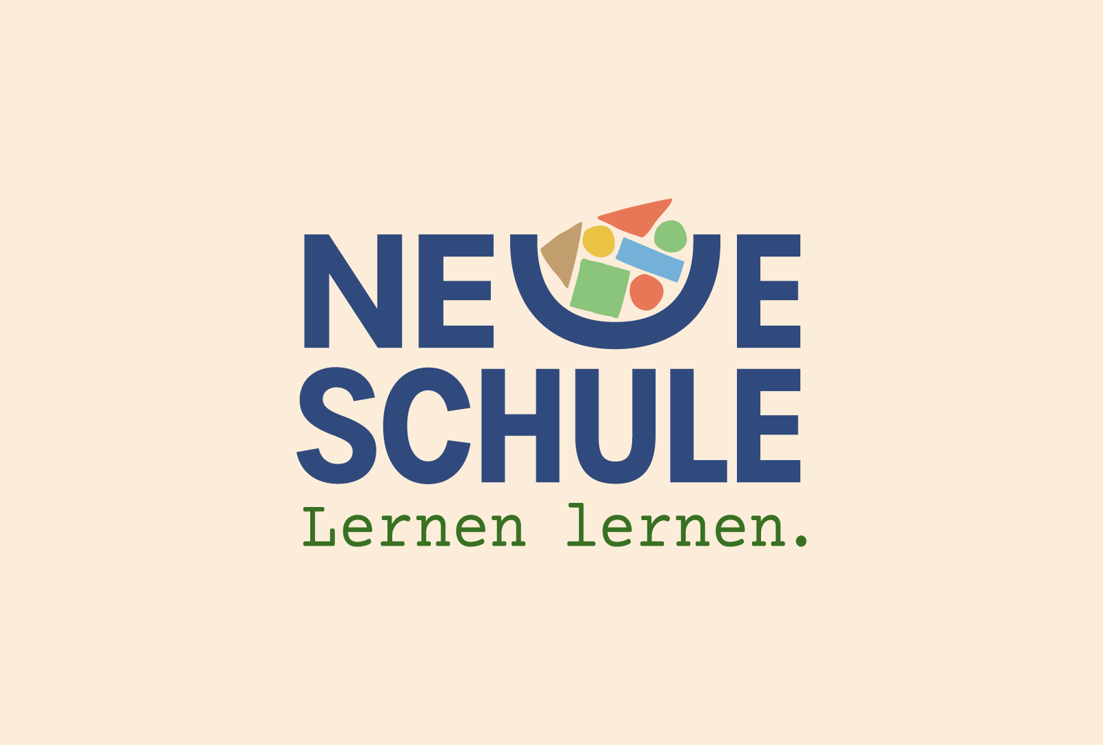 Logo der Neuen Schule mit blauer Großschrift, bunten Formen im Kreissegment, darunter grüner Text Lernen lernen.