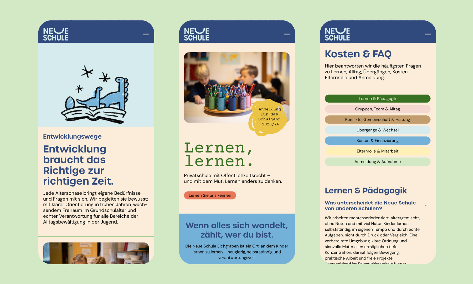 Skizzenhafte Illustration einer Person im Bett mit Sternen darüber.
Zwei Kinder lernen an einem Tisch mit Stiften in Bechern in einem Klassenraum.
Webseite der Neuen Schule: Kosten & FAQ-Seite mit farbigen Kacheln.
