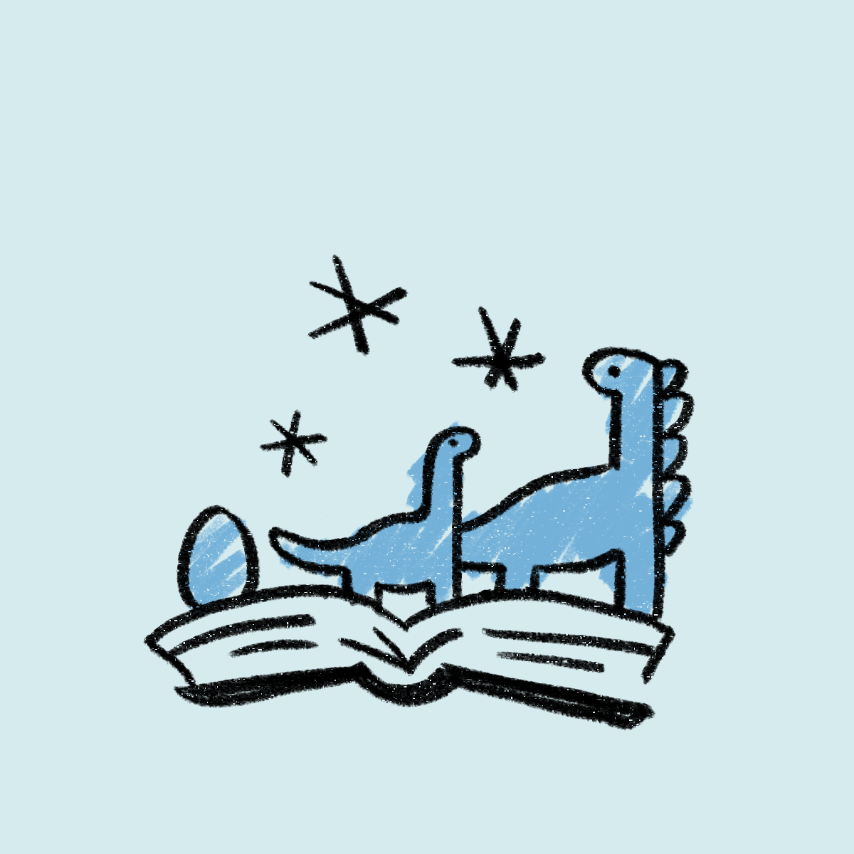 Zwei blaue Dinosaurier stehen auf einem aufgeschlagenen Buch, darüber funkelnde Sterne.