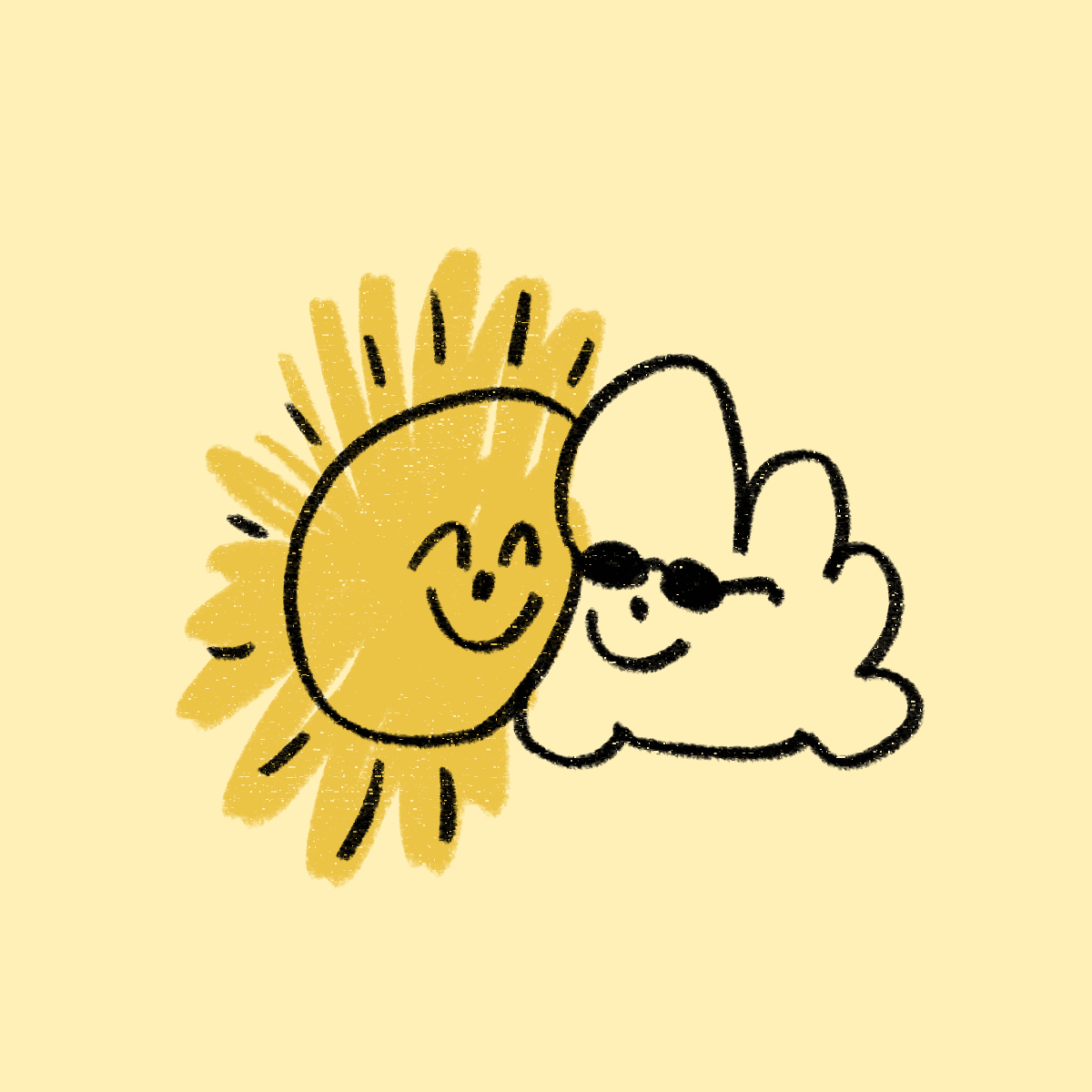 Lächelnde Sonne und Wolke lehnen sich freundschaftlich aneinander vor hellem gelbem Hintergrund.