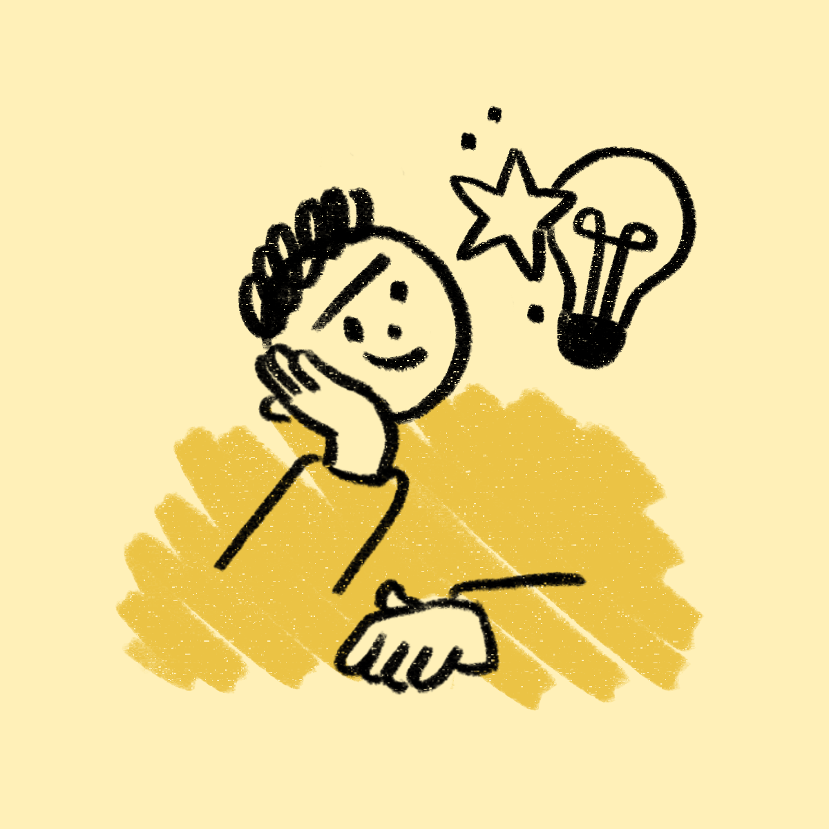 Person hält Wange, lächelt nachdenklich; Glühbirne und Stern als Ideensymbol; gelber Hintergrund.