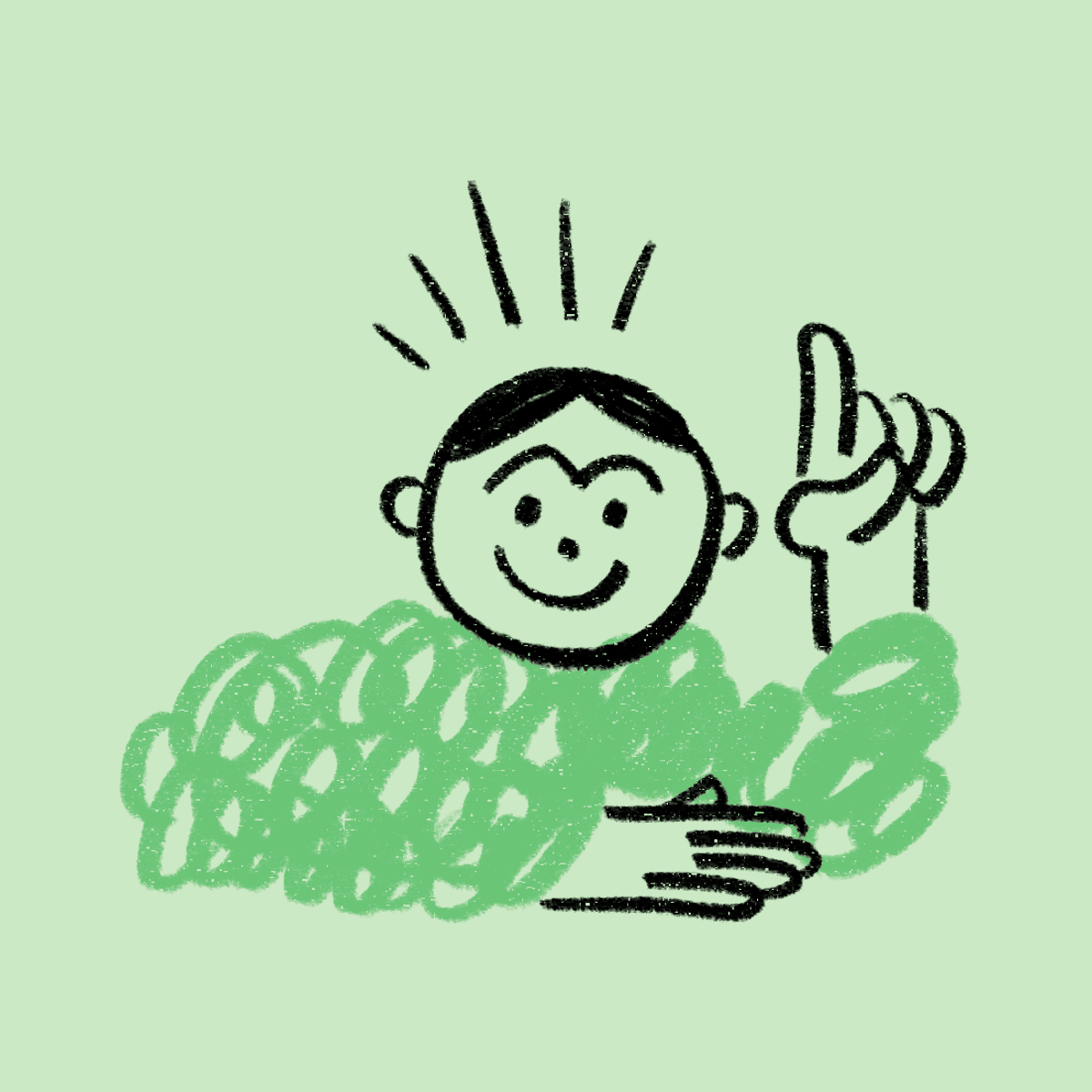 Kind mit Lächeln hebt den Zeigefinger, vor grünem Scribble-Hintergrund.