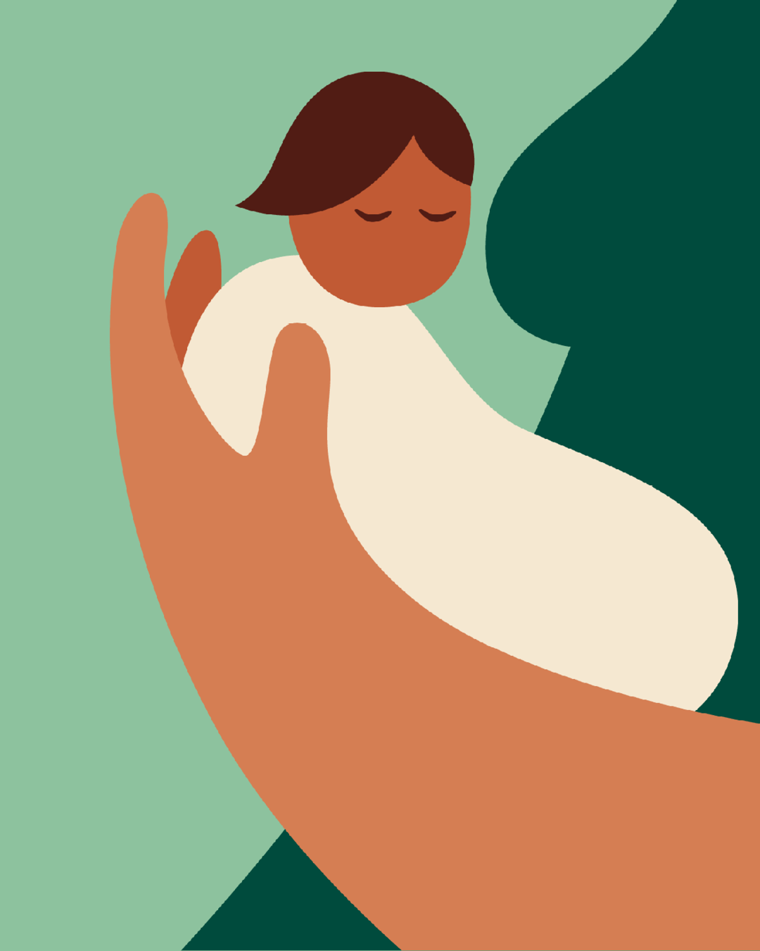 Große Hand hält schlafendes Baby vor grünem Hintergrund.