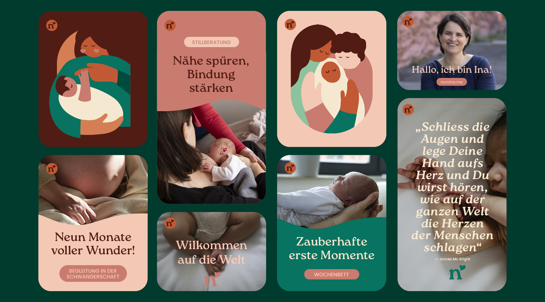 Kollage mehrerer Karten zur Mutterschaft: Elternteil hält oder umarmt Baby; dunkelgrüner Hintergrund.