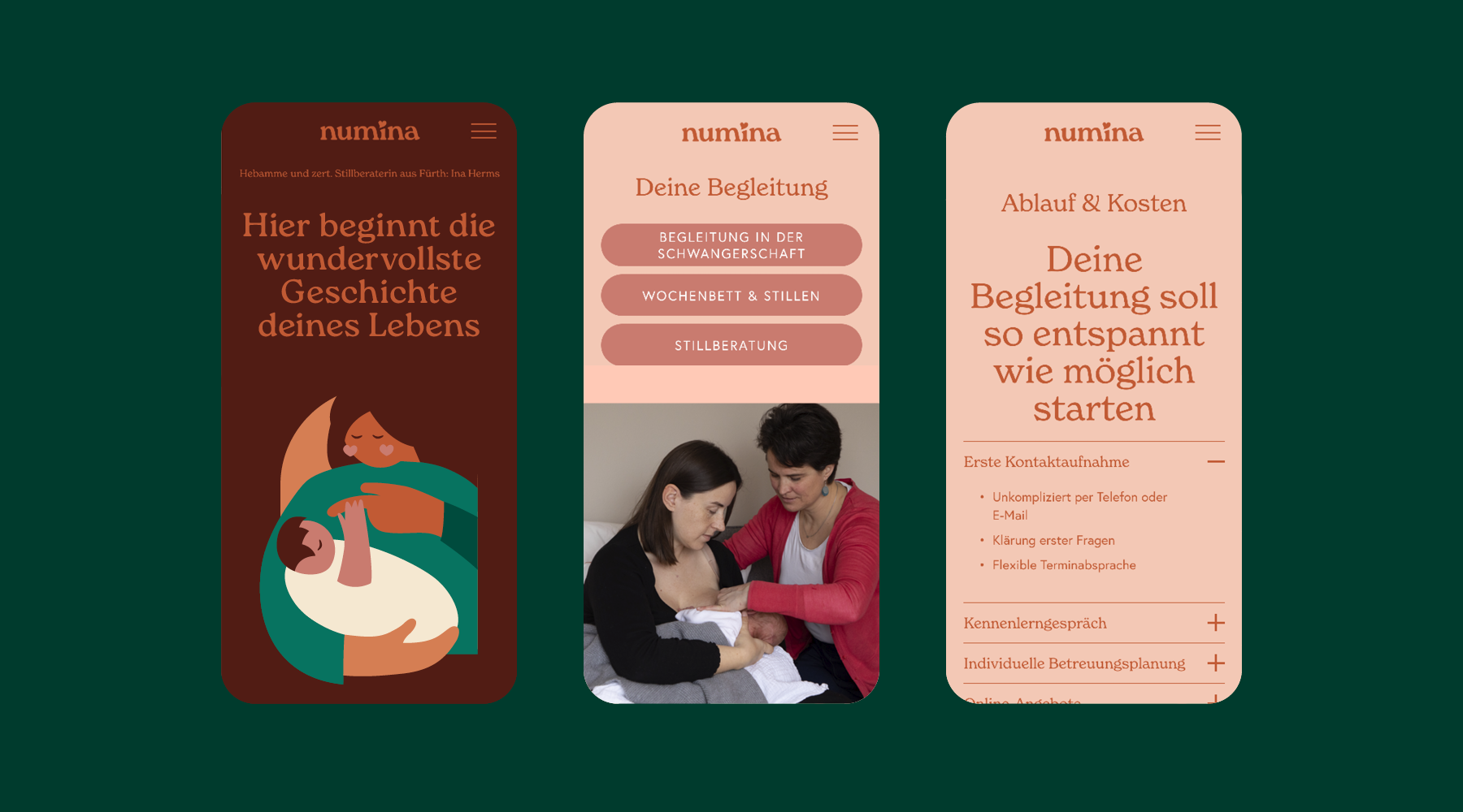 Drei Smartphone-Screens der App Numina: links Stillende Mutter, Mitte Begleitung mit Buttons, rechts entspannt starten mit Listen.