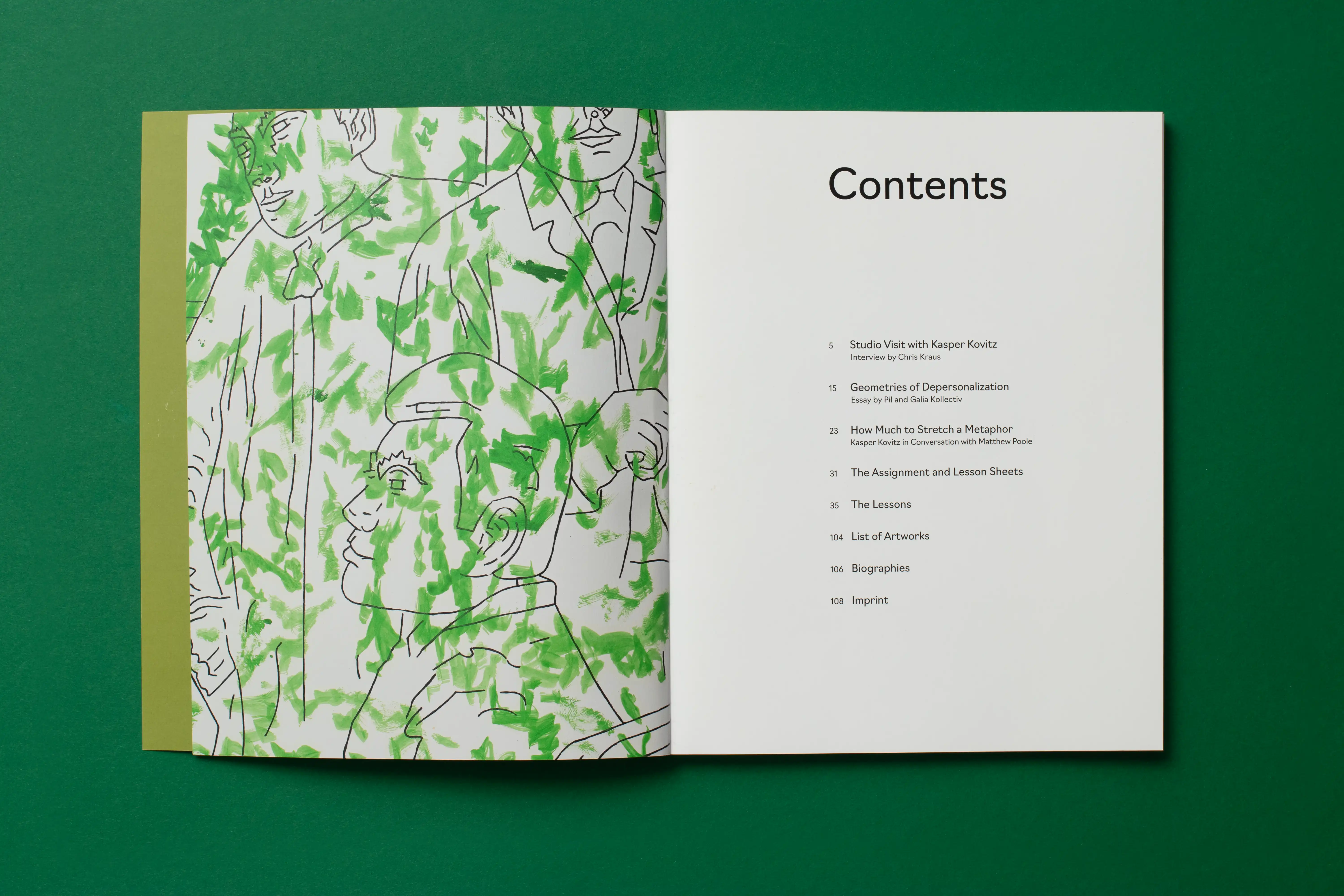 Open book on green background; left page features green abstract art; right page titled 'Contents' with a list of sections.