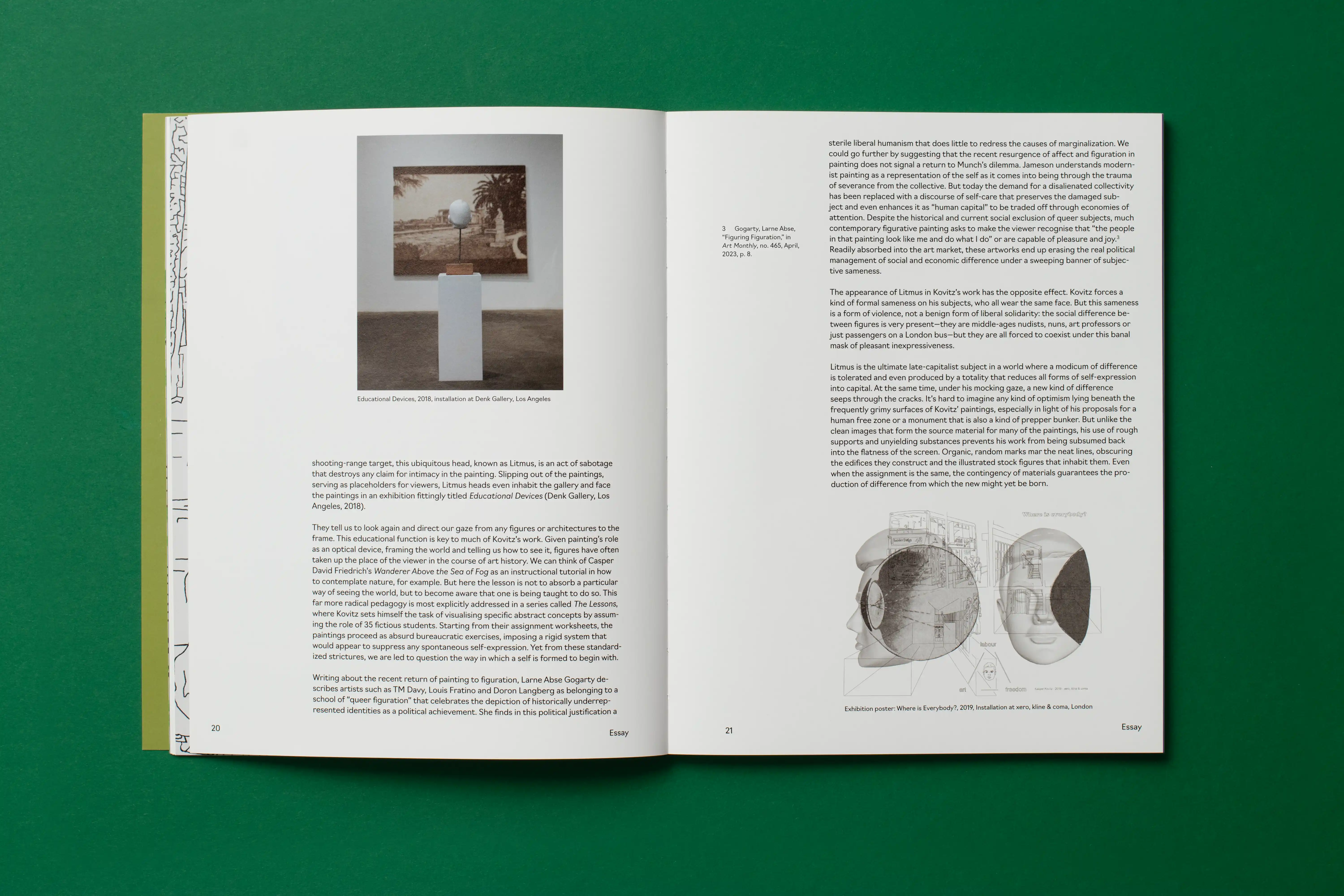 Open book on a green surface; left page features a white pedestal sculpture in a gallery, right page contains dense text and a grayscale diagram.