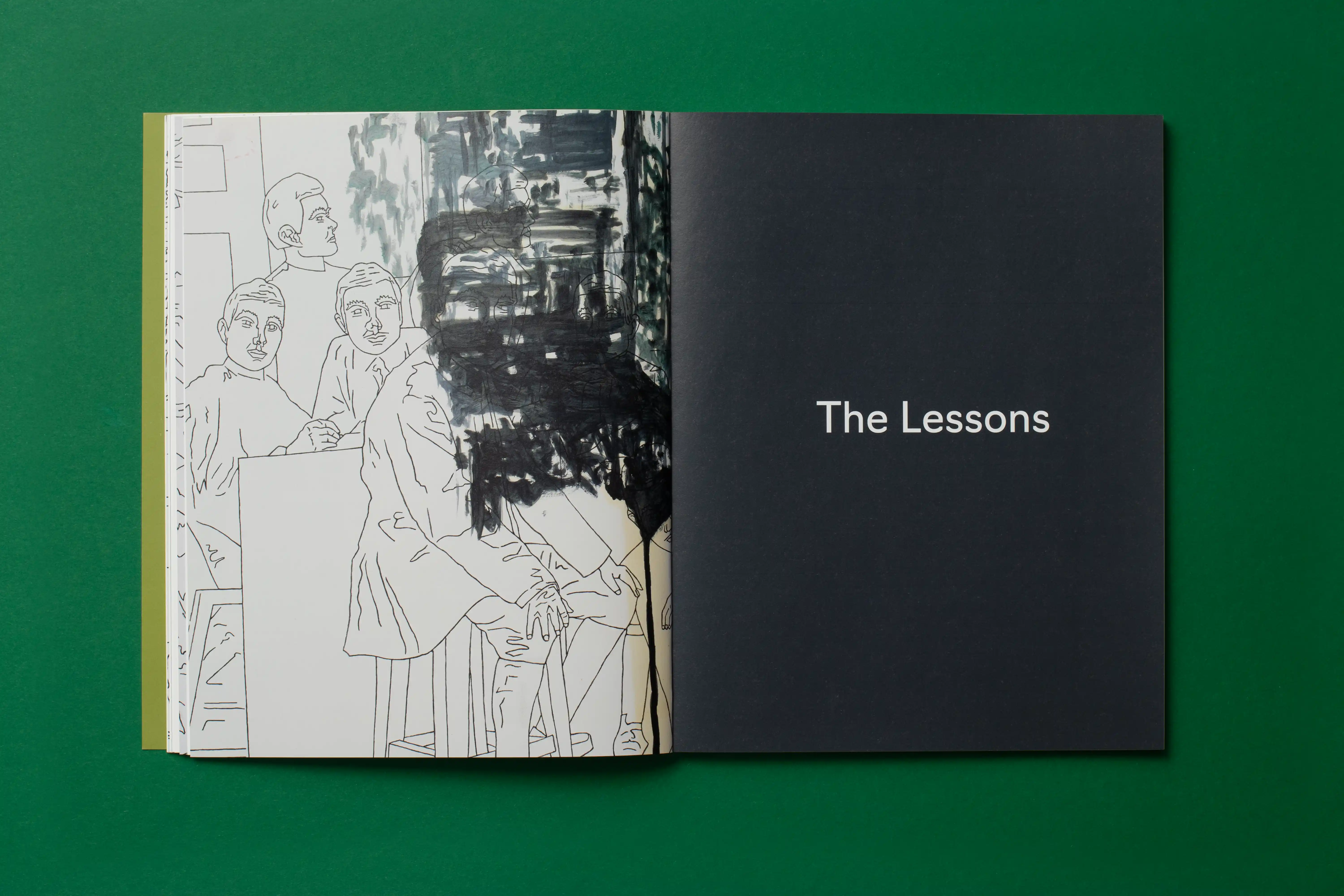 Open book on green background; left page shows line-drawn group of people seated; right page dark with the title The Lessons