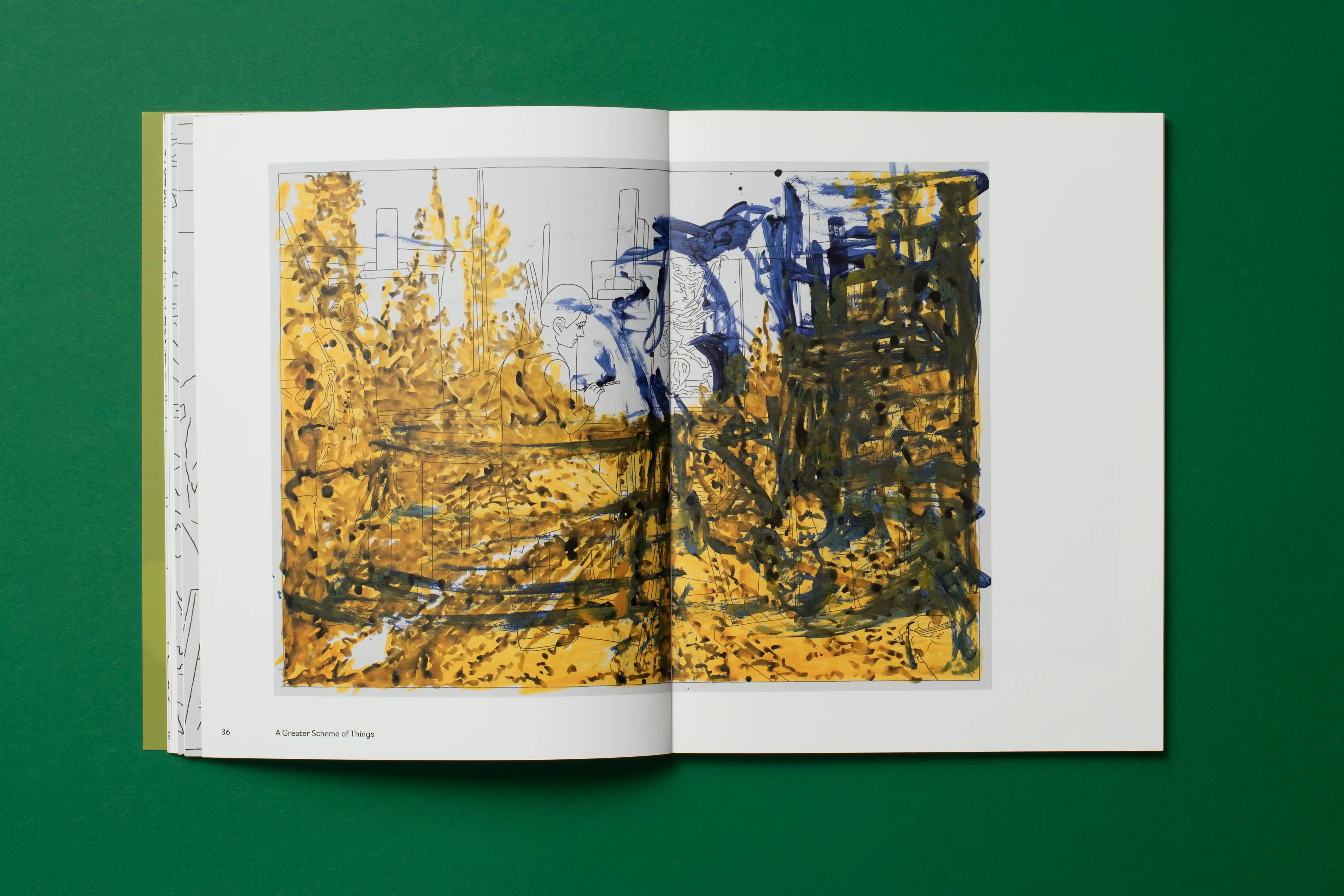 Open art book displaying a two-page spread of an abstract painting in yellow and navy on white pages, set on a green surface.