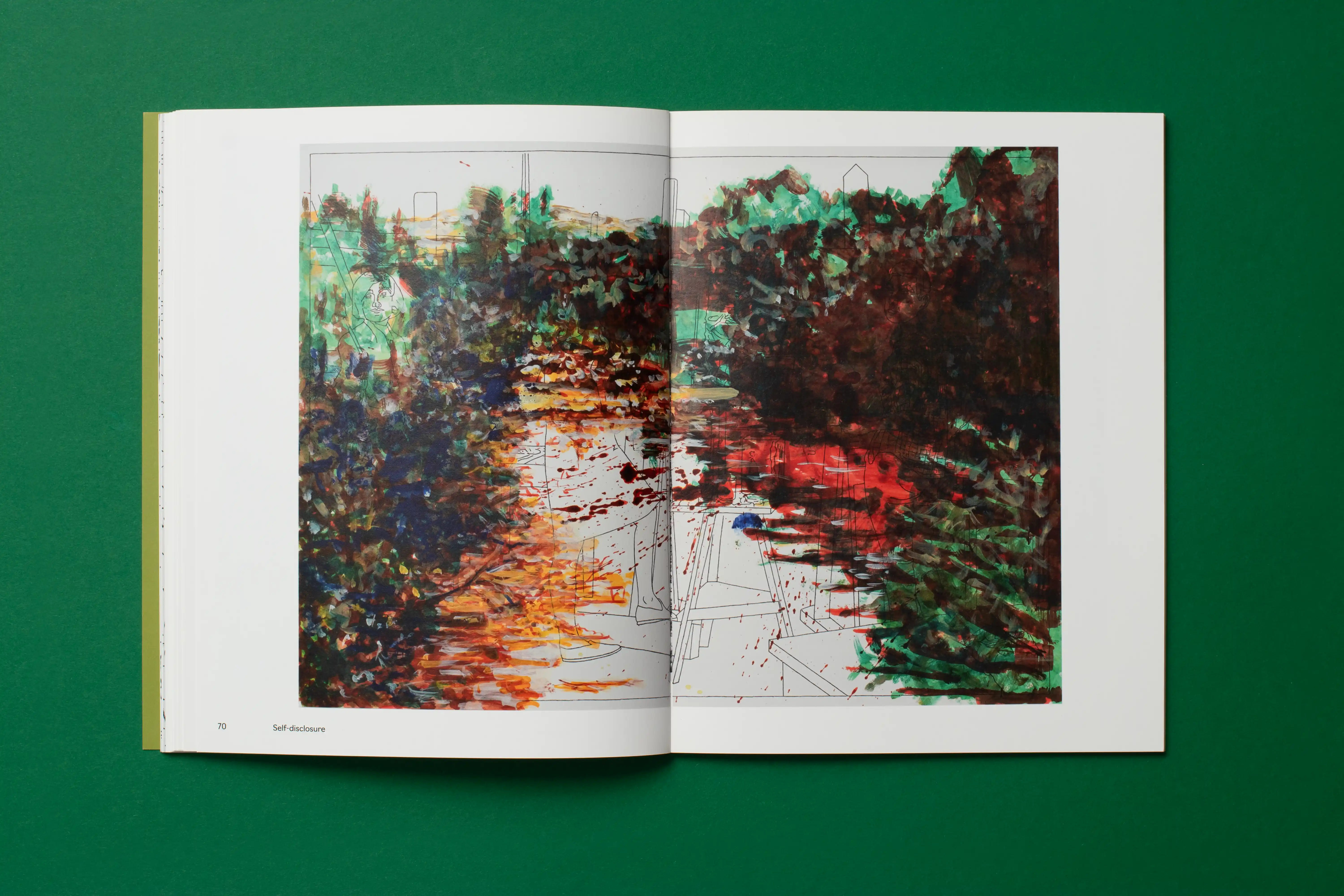 Open art book on green background, two-page abstract painting with dense greens and reds and sketch-like lines.