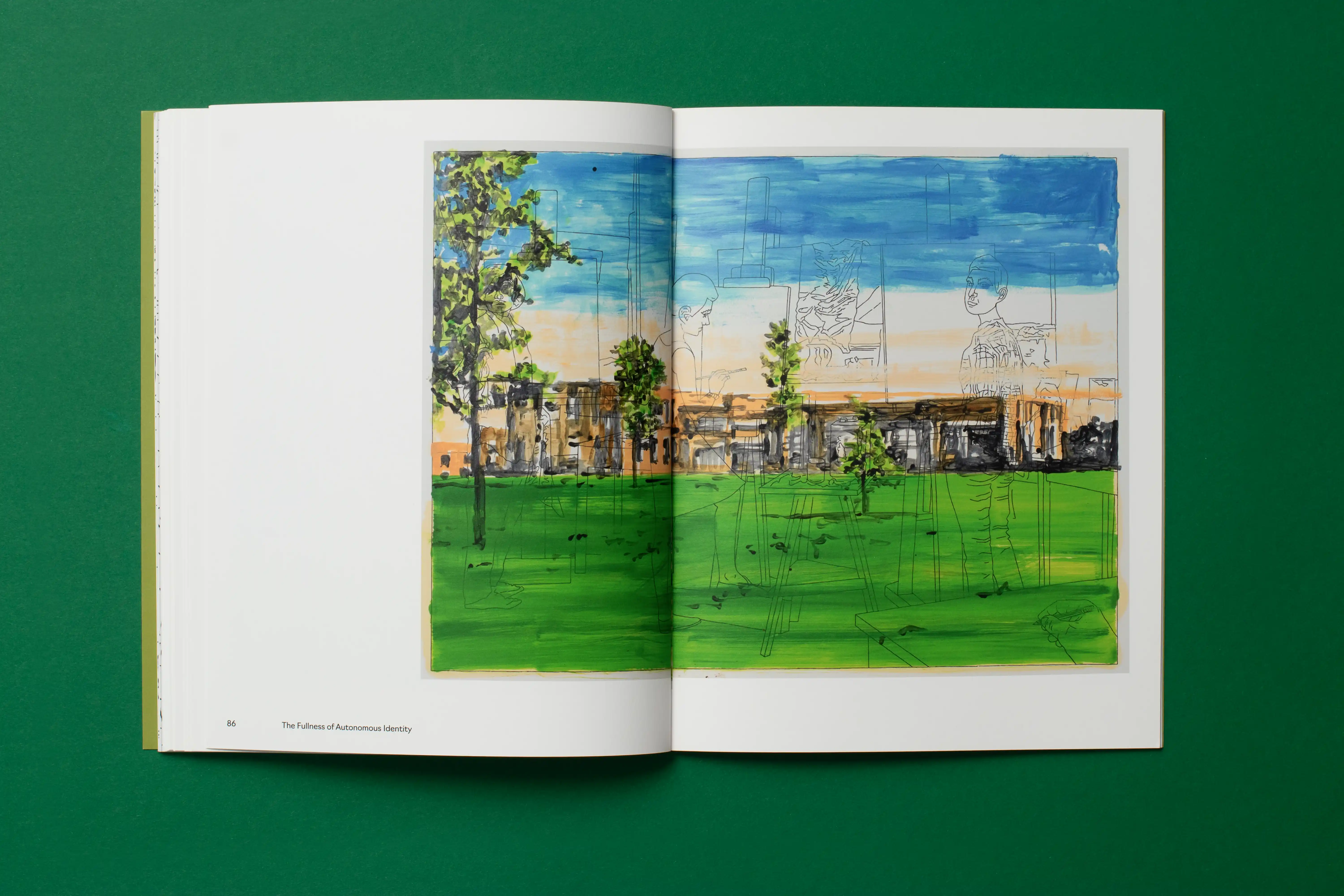 Open book on a green surface displaying a landscape painting: green field, trees, and distant buildings; faint human sketches overlay the scene.
