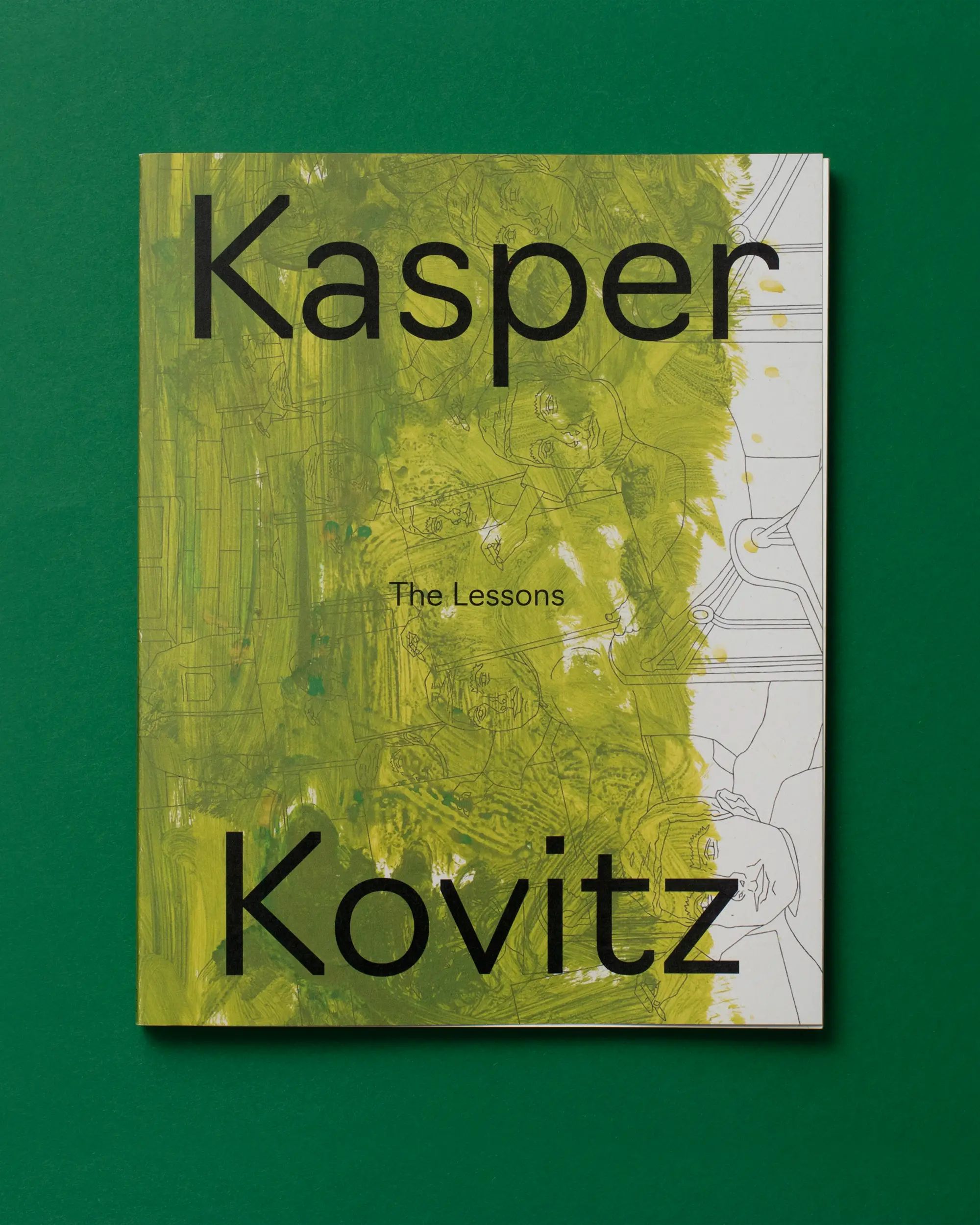 Buchcover mit gelb-grüner Illustration, Titel Kasper Kovitz, Untertitel The Lessons, liegt auf grünem Hintergrund.