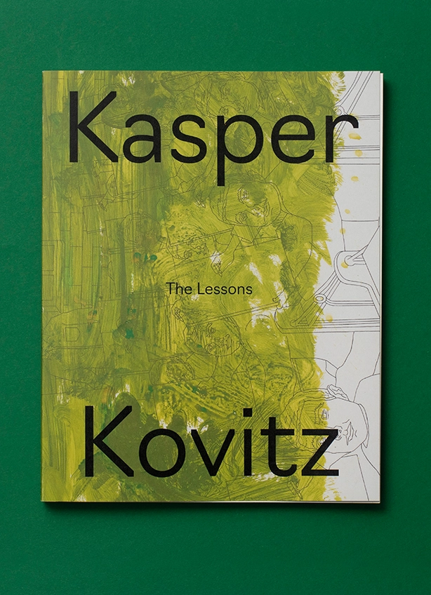 Buchcover: Kasper Kovitz; gelb-grüne Illustration, Titel 'The Lessons', auf grünem Hintergrund.